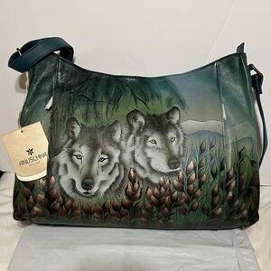 NWT Anuschka Hand Painted Leather Bag Wolves Large 16” X 12”